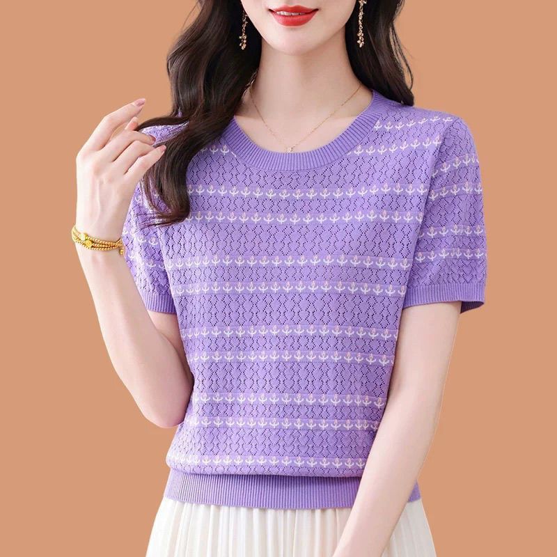 2025 新しい半袖 Tシャツルーズ痩身西洋スタイルママシャツ女性の夏のストライプジャカードアイスシルクセーター|undefined