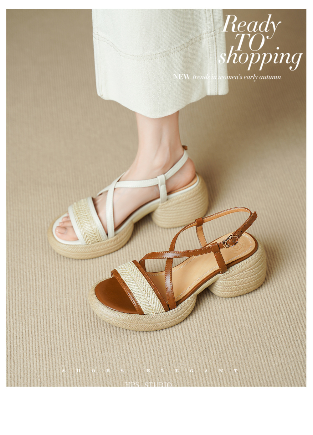 Sandal cao gót nữ mũi hở quai chéo khóa ngang gót dày — Màu nâu nhạt chi tiết 2