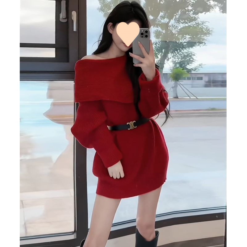 法式高级感气质名媛打底毛衣裙女秋季新款小个子露肩针织连衣裙|undefined