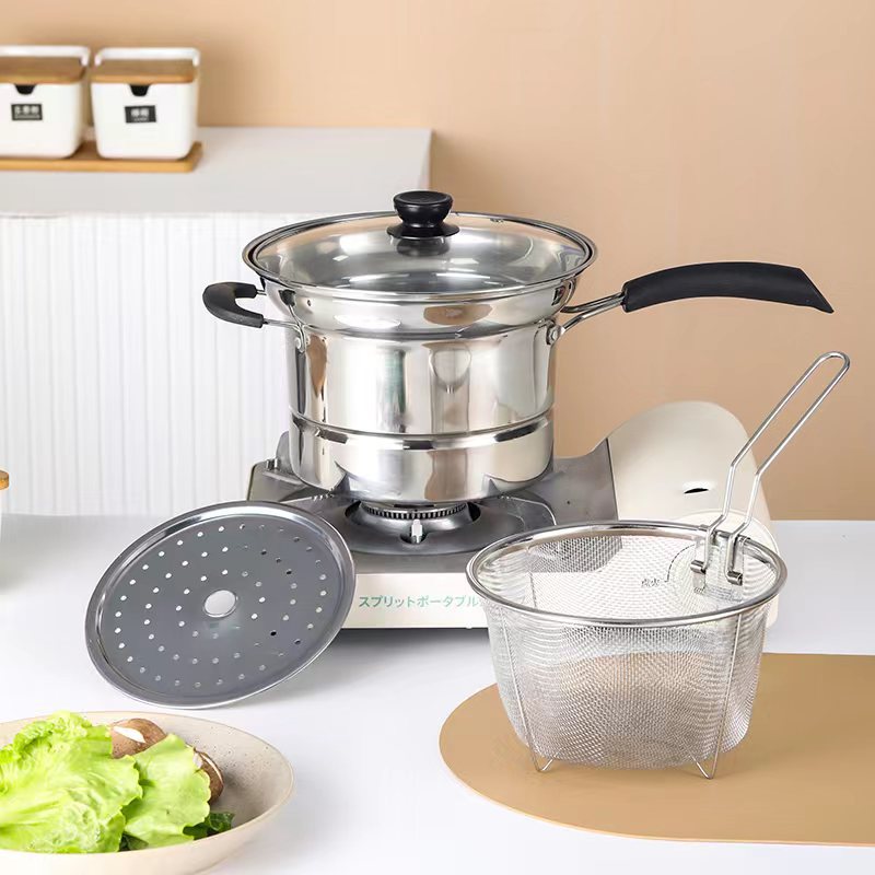 Stainless steel frying pan with tempered glass lid, multifunctional hot pot, tempura, single handle, deep frying pan