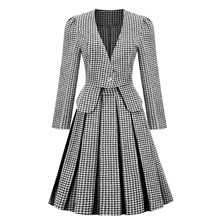 赫本复古宫廷风英伦经典格千鸟格收腰修身优雅气质时尚休闲裙套装