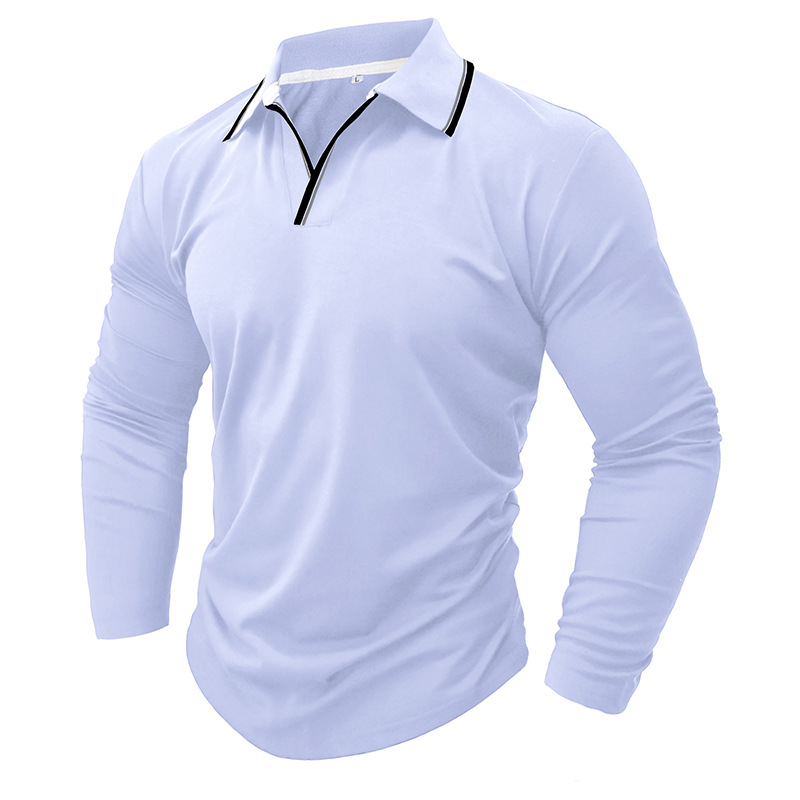 Nueva camisa de polo de color sólido con cuello en V de comercio exterior Camisa de manga larga para hombre Camiseta de solapa de tamaño europeo y americano transfronterizo 2023 Otoño e Invierno