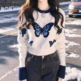 白色蝴蝶印花毛衣女2025秋冬羊毛高级设计感针织衫独特超好看上衣