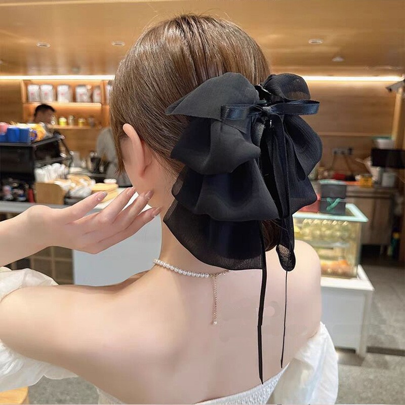 Advanced Satin Satin Big Black Bowknot Clip de tiburón Tocado Diamante cuadrado Horquilla en la parte posterior de la cabeza Clip de agarre Horquilla femenina