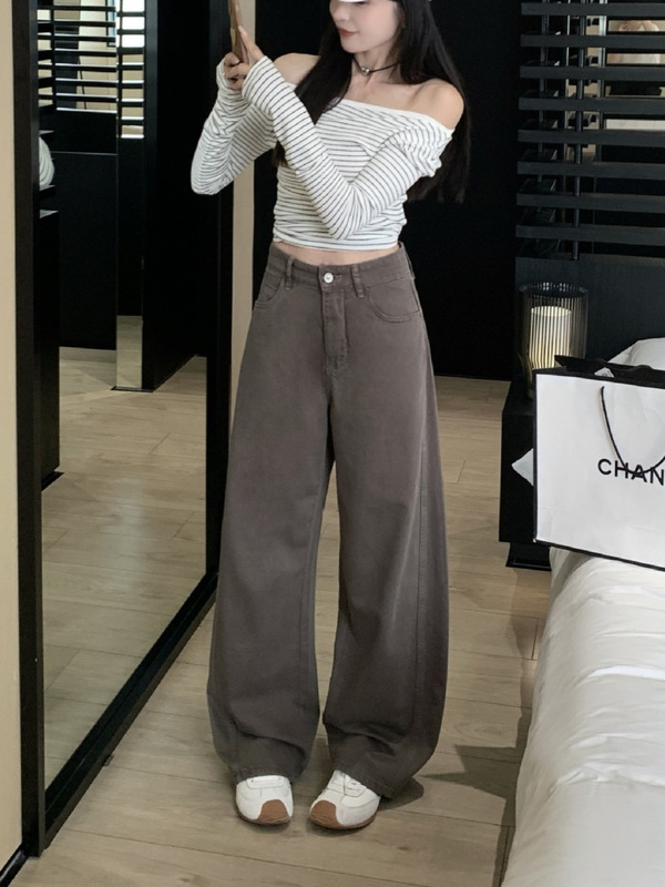 秋上新 美式复古牛仔裤宽松阔腿小个子纯棉休闲裤子弯刀裤女JEANS|undefined