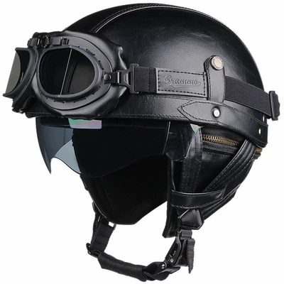 and Women, 3C Certified Electric | Motosiklet kaskı (dəbilqə) - 3c-black-leather-plus-goggles-m55-56cm