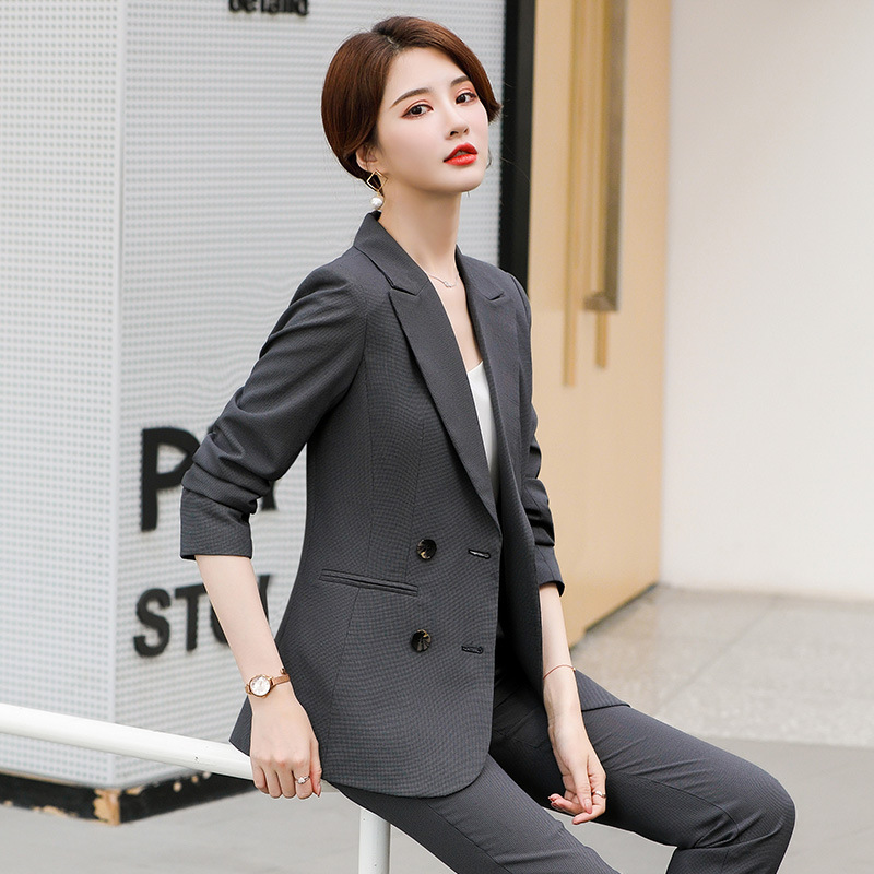 2021春季新款灰色西裝套裝女韓版修身氣質女士休閑長袖小西服外套