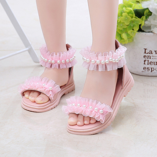 Children's Summer Lace Pearl Girl Sandals for Big Kids Korean Style Beach Sandals