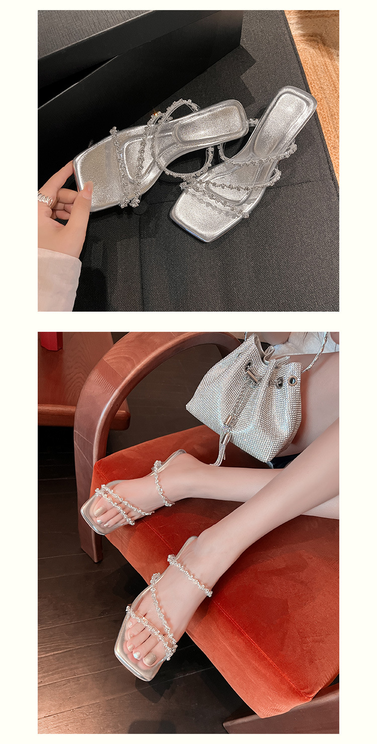 Sandal nữ quai mảnh đính đá mũi vuông hở mũi gót cao trong suốt đế xuồng — trắng chi tiết 18