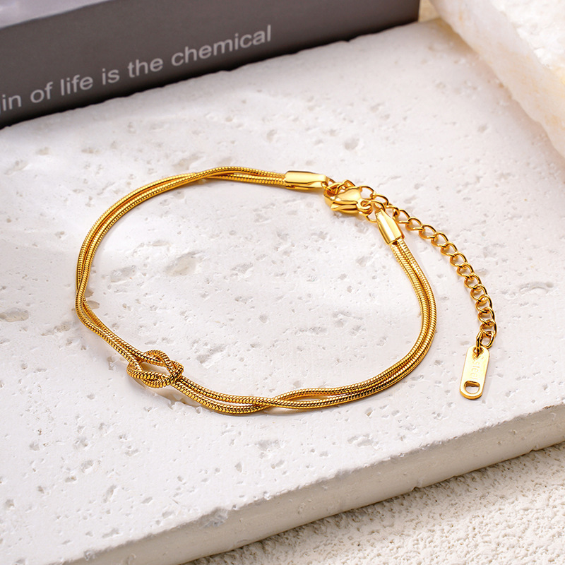 European and American Cross-border Couple Bracelet Valentine's Day Knot Snake Chain Handmade Knot Stainless Steel 18k Gold Plated Herringbone Hand Rope