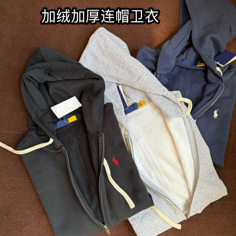 Pl Laff Pony Logo Embroidered Fleece Thickened Hooded Sweatshirt Jacket for Men and Women Casual Cardigan Sweatshirt Winter