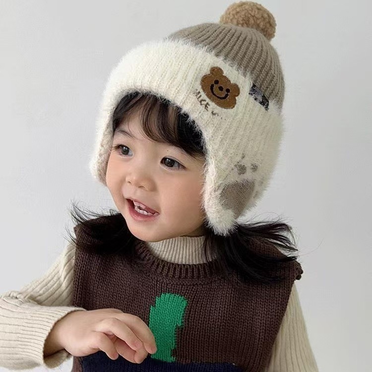 子供用ウール帽子、耳保護とベルベット、秋冬のかわいいクマとミンクの毛皮、ファッショナブルなベビー帽子、ファッショナブルなニット帽|undefined