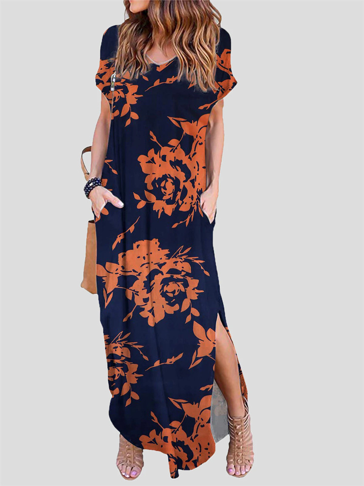 print short sleeve loose slit long Dress NSSRX129104