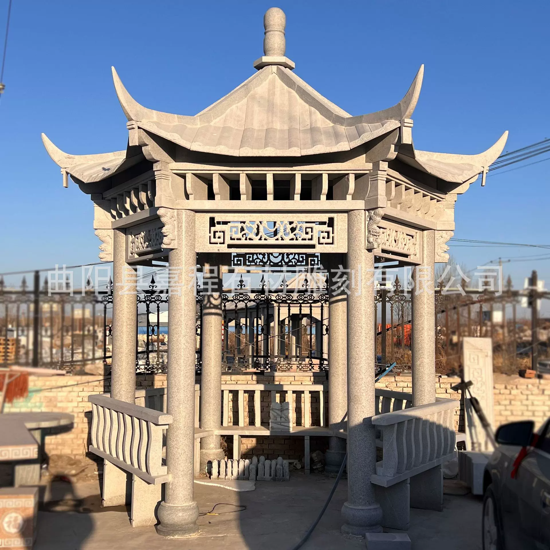 石亭花岗岩石雕凉亭 盘龙柱大理石凉亭中式 芝麻白单层双层石亭子