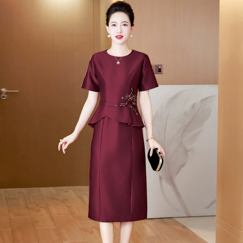 Осень средней длины приталенный живот, покрытие поддельные из двух частей матери модное простое высокого класса Элегантное свадебное платье для средних лет