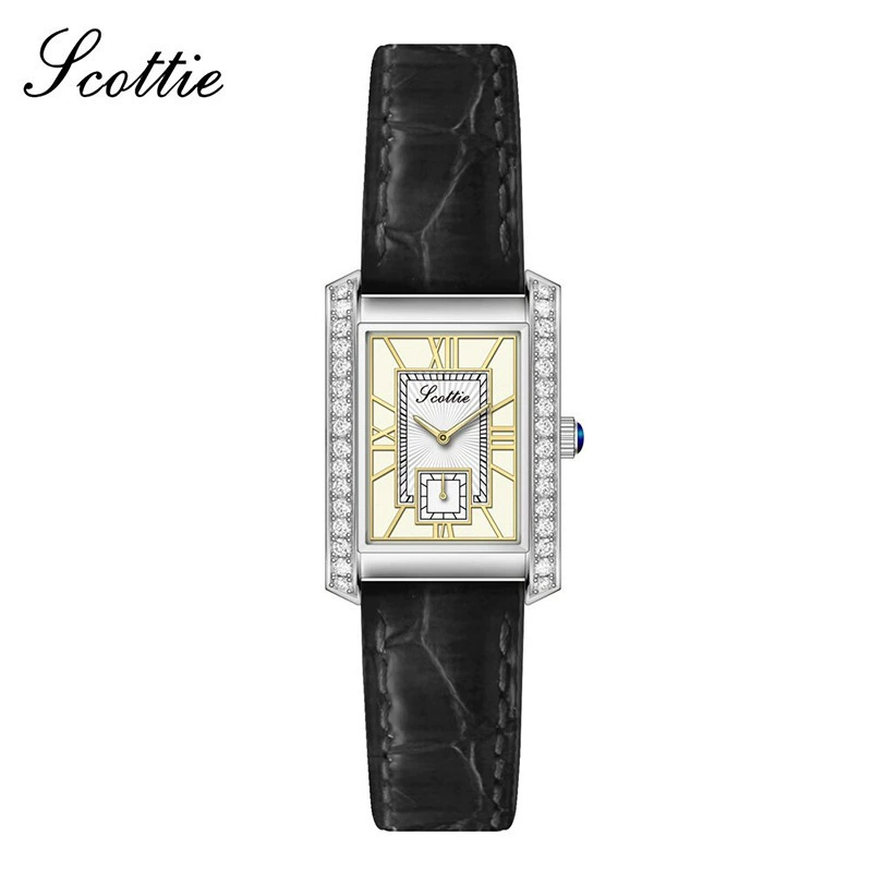 Женские часы (SCOTTIE 9655) квадратный корпус, стальная браслет, циферблат с кристаллами, независимые секунды
