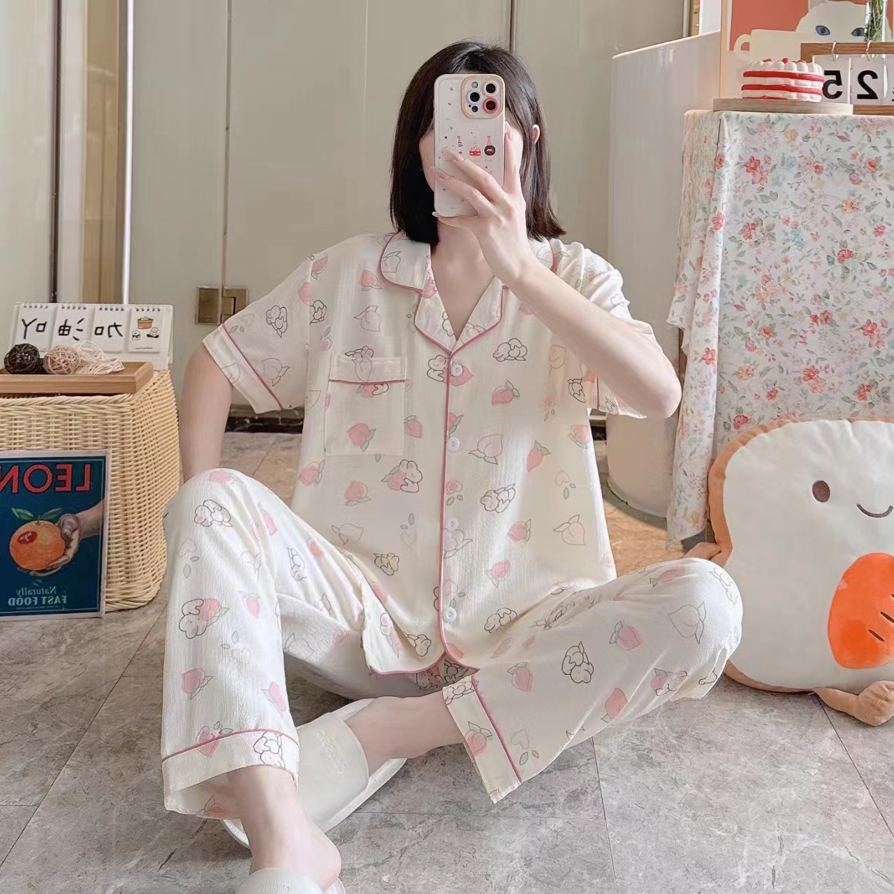 Pajamas de espuma tejidos de verano de algodón pantalones largos de mangas cortas ropa para el hogar de verano delgada de algodón conjunto de dos piezas