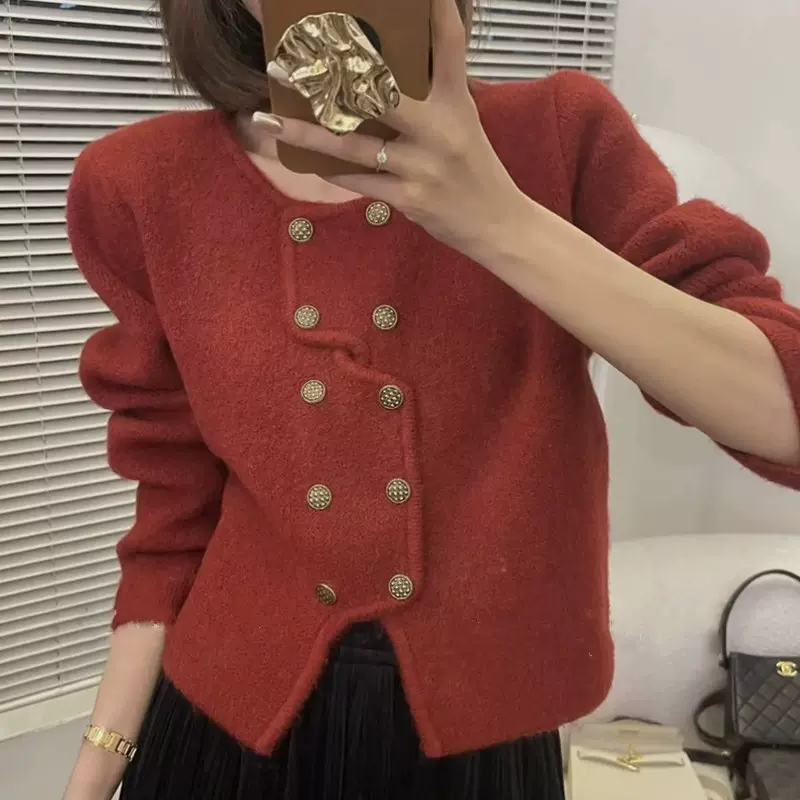 法式复古双排扣设计感针织毛衣开衫女2024秋冬季短款外套气质上衣