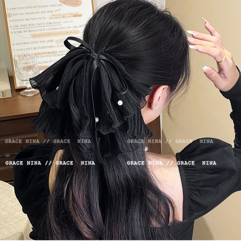 韓国海塩ブルーデイリーメッシュリボンリボンポニーテールクリップパール装飾高頭蓋固定ヘアピン女性用|undefined