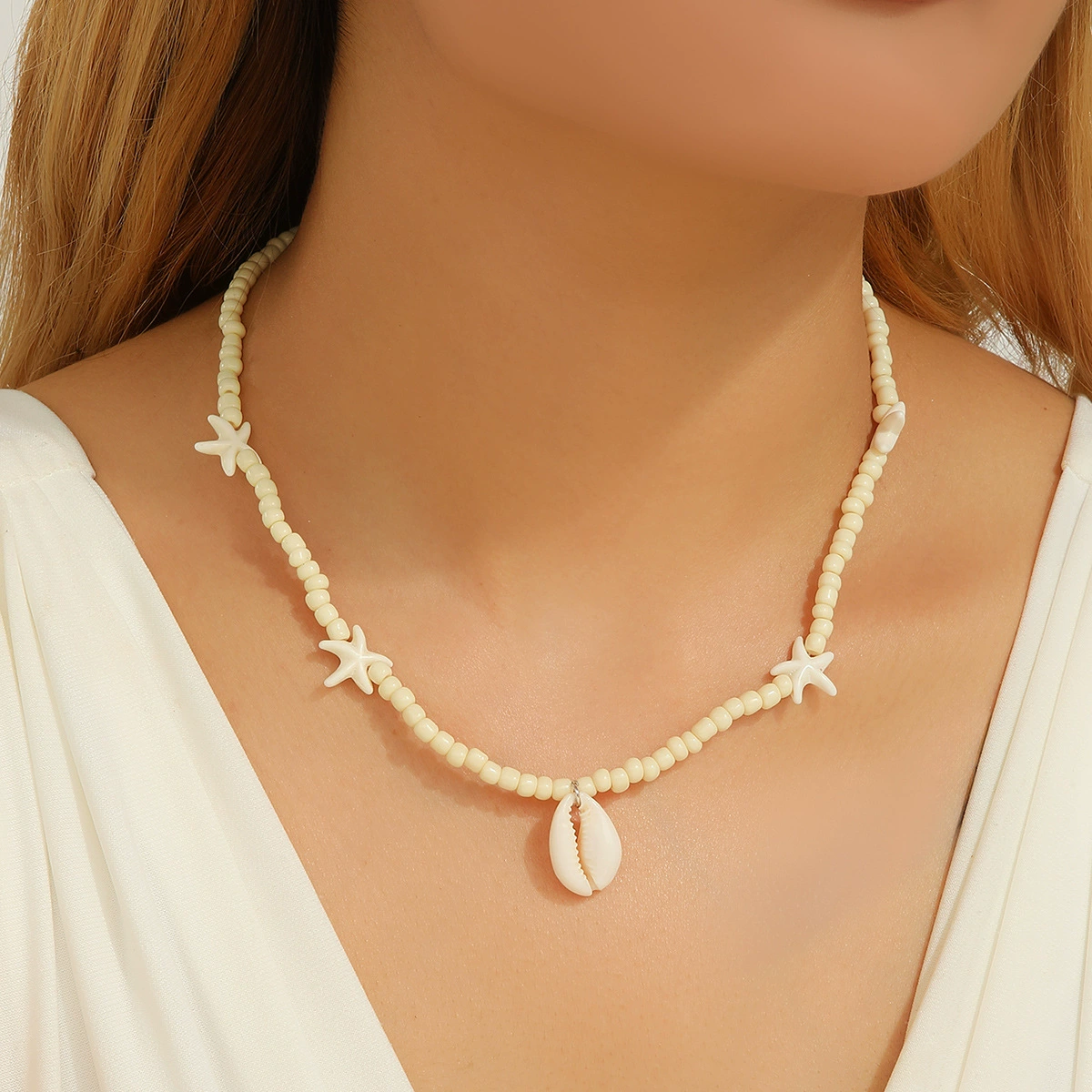 Европейские и американские трансграничные украшения Богемские пляжные ракушки морская звезда рисовая жемчужина ожерелье минималистичная цепочка из бисера ручной работы