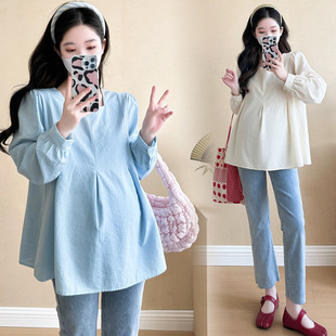 Maternity 2025 New Pregnant Women Korean Style Age-reducing Long Sleeve Gentle Elegant Square Collar Doll Shirt Pregnant Women Top