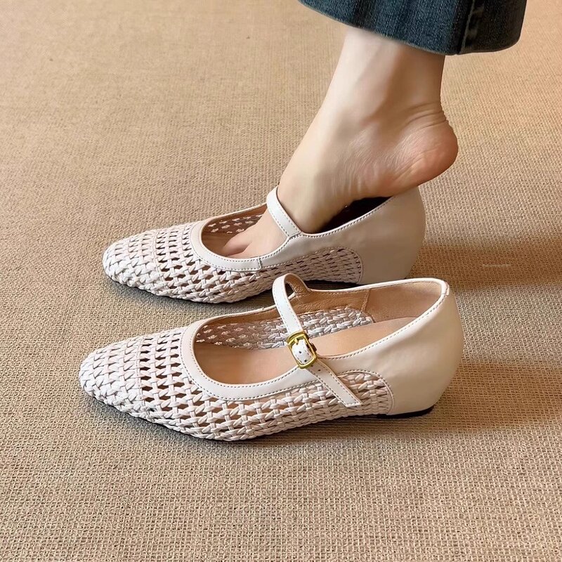 Nnmiss34-395Cm Height-Increasing Woven Hollow-Out Single Shoes, Fashionable Buckle Breathable Single Shoes, Shallow Mouth Women's Shoes Nnmiss34-395Cm Height-Increasing Woven Hollow-Out Single Shoes, Fashionable Buckle Breathable Single Shoes, Shallow Mouth Women's Shoes