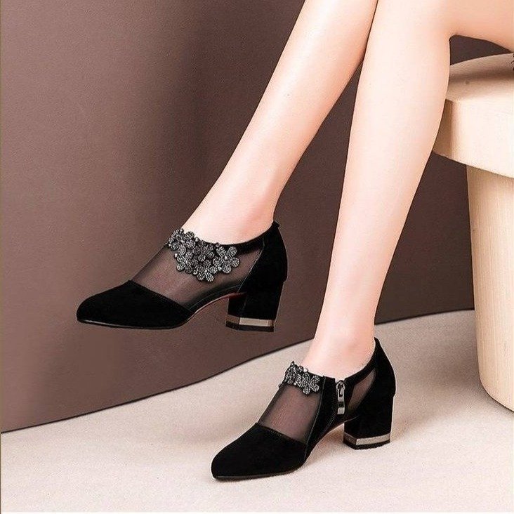2026 primavera y verano de nuevo tipo de mujer con cremallera lateral hueca de moda sandalias de talón medio zapatos de mujer