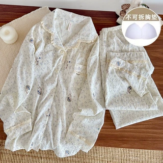 带胸垫开衫长袖睡衣女秋冬新款云朵棉双长翻领蕾丝甜美家居服套装