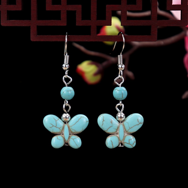 1 Pair Elegant Lady Ethnic Style Owl Flower Butterfly Turquoise Drop Earrings display picture 3