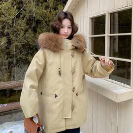 轻奢风羊羔毛绒拼接连帽派克羽绒服女冬季2025新款白鸭绒工装外套