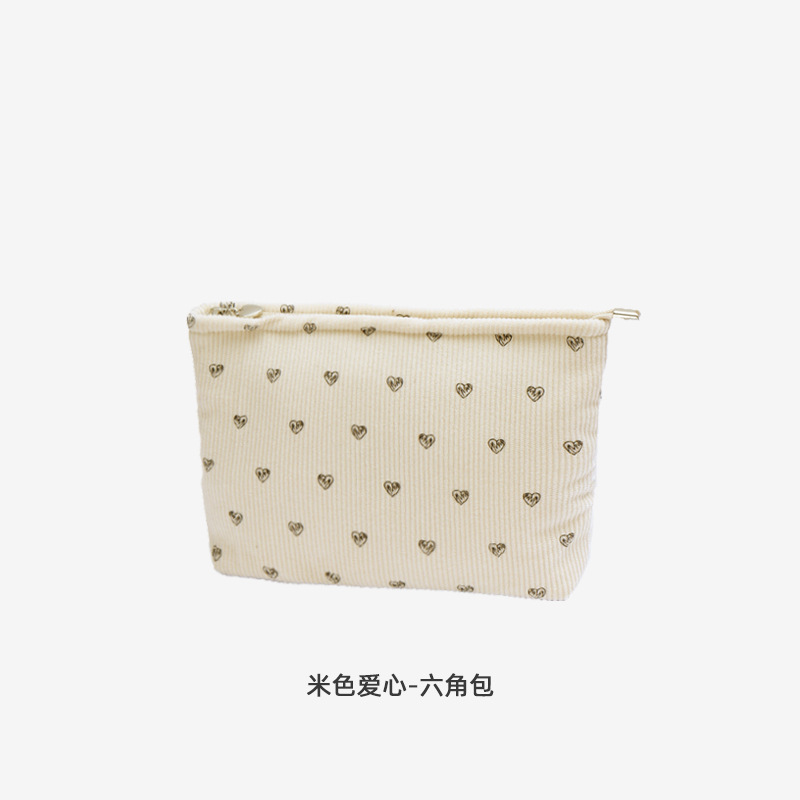 新しいコーデュロイ桃心化粧バッグ大容量高级感ポータブル化粧品収纳バケツバッグ