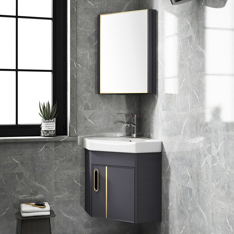 Corner Bathroom Cabinet with Ceramic Washbasin, Small Apartment Bathroom Sink Cabinet Set, Triangular Washbasin
