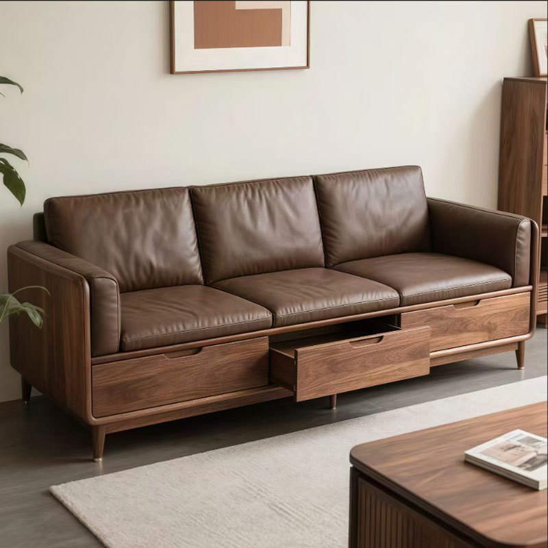 New Chinese Style Solid Wood Sofa Combination Simple Modern Black Walnut Living Room Straight Leather Sofa Suite Villa B&B