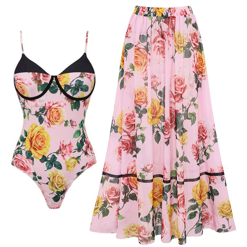 2026 trajes de baño europeos y estadounidenses nuevos flores rosadas dulces vacaciones junto al mar set de trajes de baño femeninos explosivos transfronterizos