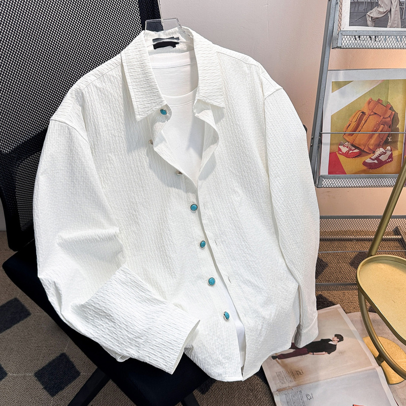 Tears of the Ocean Long-Sleeved Shirt Men's High-End Handsome Turquoise Pleated Shirt White Cleanfit Jacket Tears of the Ocean Long-Sleeved Shirt Men's High-End Handsome Turquoise Pleated Shirt White Cleanfit Jacket