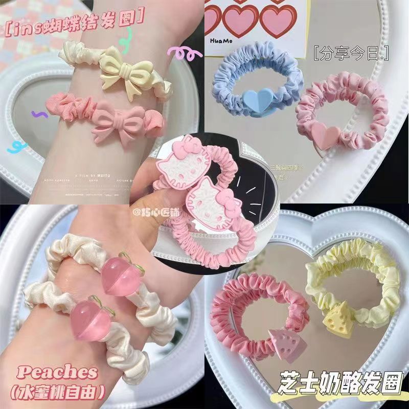 Cute Bow Hair Loop Girl's Heart Cream Hair Rope Cyber Celebrity Ins Style Small Rubber Band Sweet Pink Small Leather Cover for Women
