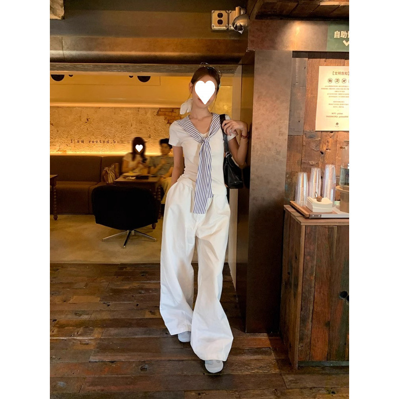 2025 新ホワイトネイビーカラー半袖 Tシャツレディース右肩夏デザイン V ネックスリムフィットショートトップ|undefined
