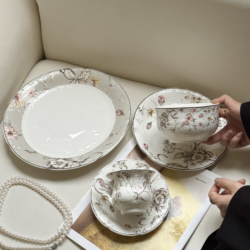 法式中古风灰色花卉浮雕陶瓷西瓷盘咖啡杯碟系列甜品菜盘子批发|undefined
