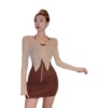 Solid color V-neck spring and autumn camisole dress+mesh long sleeved shawl 2-piece set