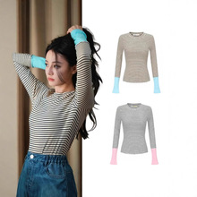 迪丽热巴明星同款撞色条纹打底衫早春长袖T恤女圆领修身针织上衣