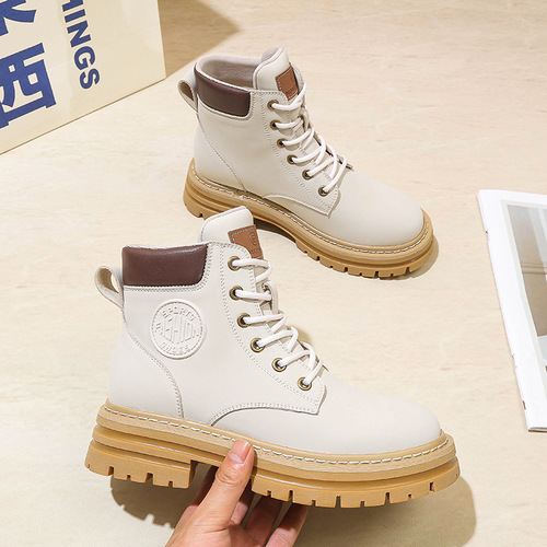Leather Yellow Boot Women  New Model Fleece Warm Short Boot Thick Sole Inward Heel Retro British Style Martin Boot
