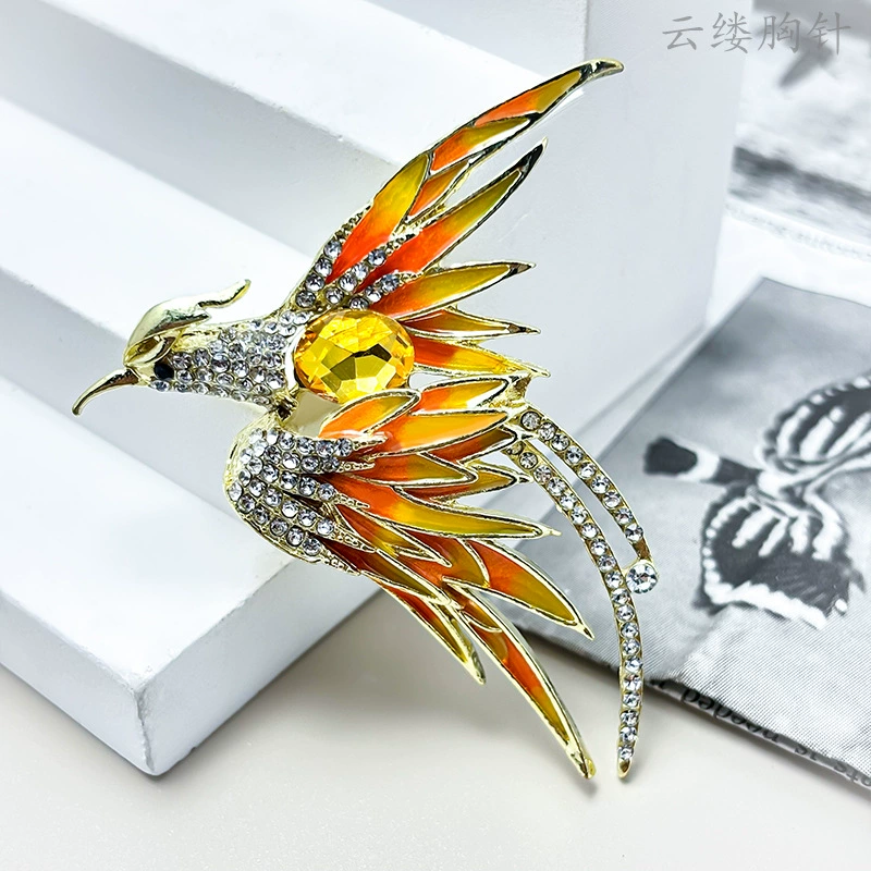 Phoenix metal brooch pin, enamel accents, gold-tone alloy, 5.76×4.48 cm, multicolor options