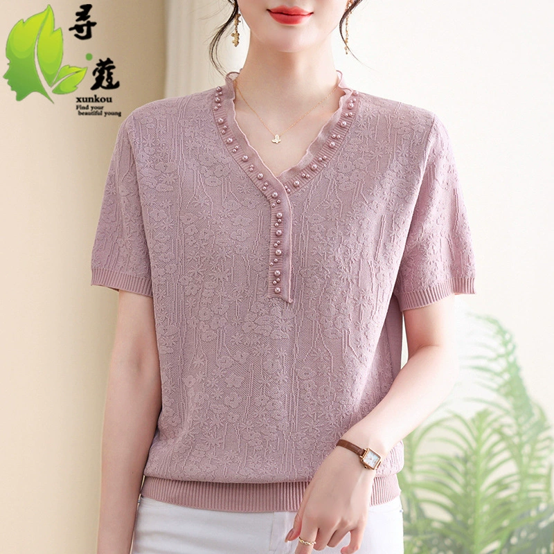 Темперамент мама летняя рубашка женская мода для пожилых людей с короткими рукавами свитер модный простой бисер летняя одежда