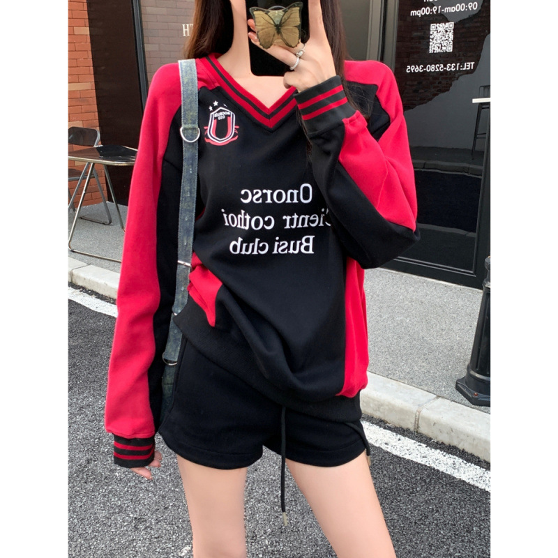 Street Letter V-Neck Color-Block American Style 2024 Autumn Winter Sweatshirt Unisex Couple Sportswear Printed Trendy_voghion.com