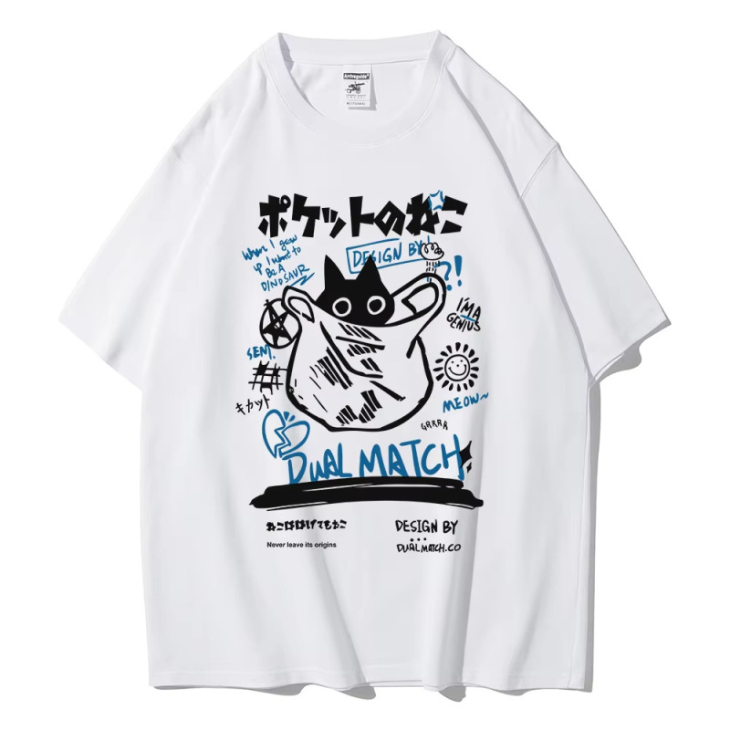 男女2024原宿川合伊猫プリント半袖tシャツ夫婦街頭カジュアルゆったり服Y2Kトップス|undefined