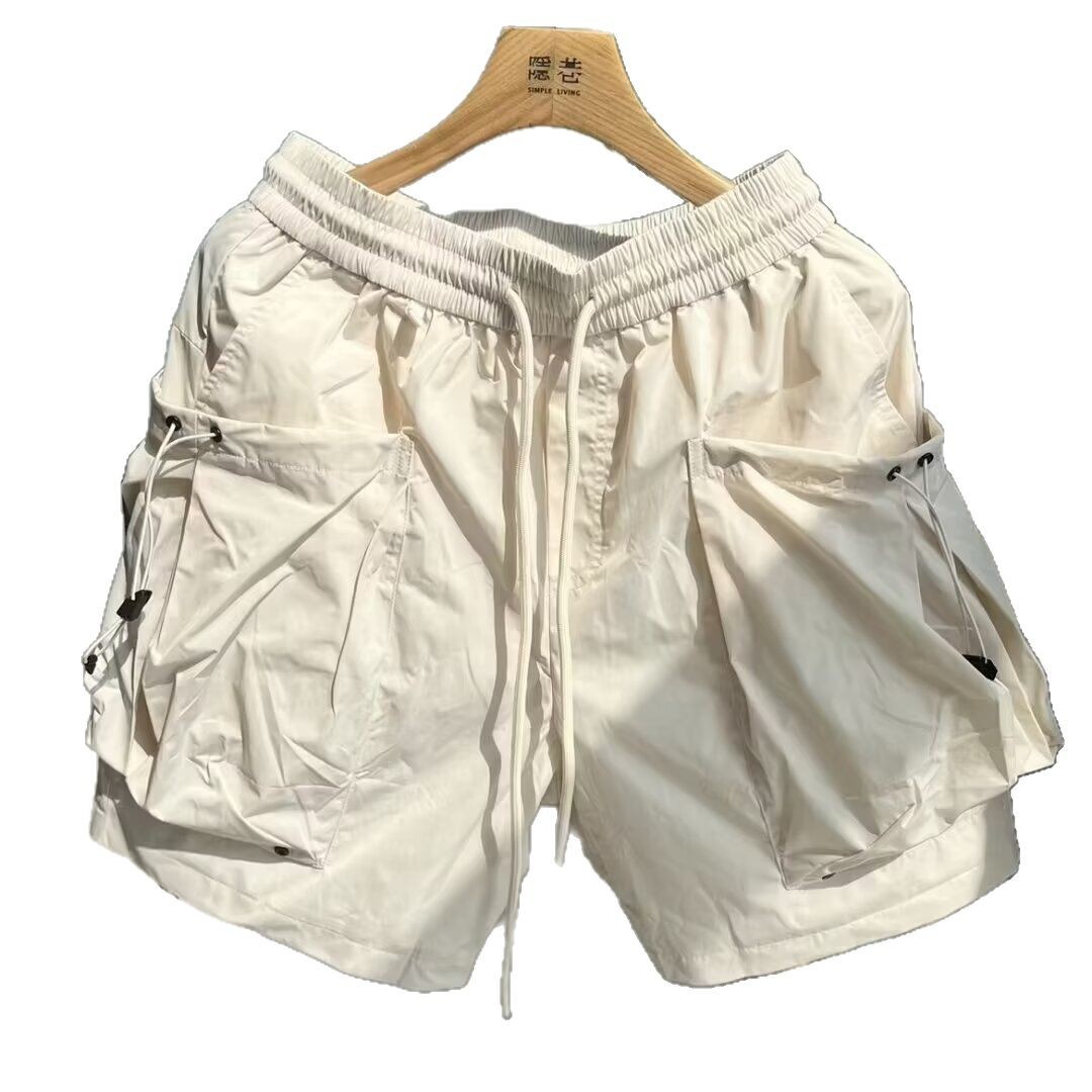 Función de viento de bolsillo de trabajo pantalones cortos para hombres verano forrado de malla brillante sensación fría y rápida secado piernas anchas al aire libre pantalones de cinco puntos para hombres