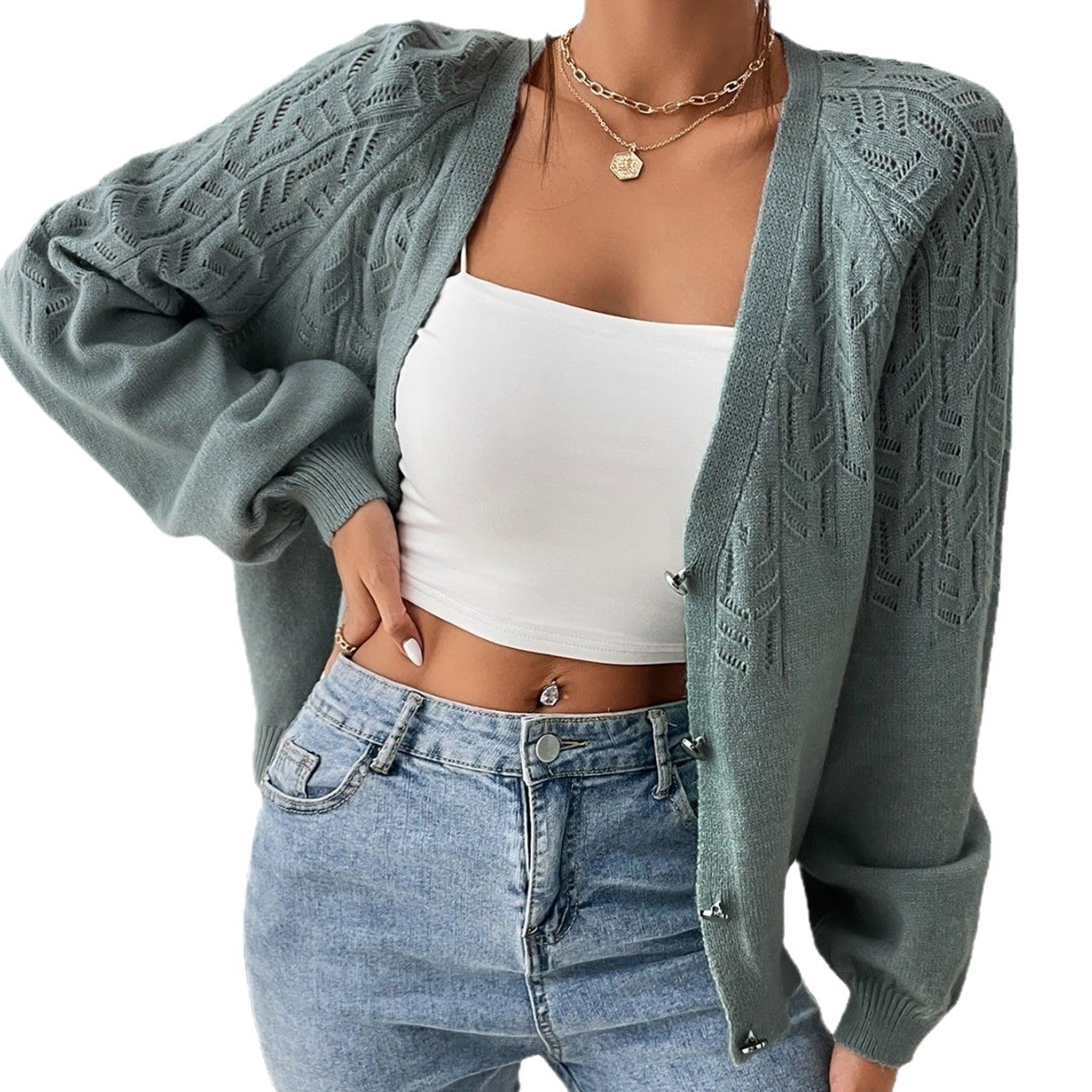 European and American cross-border foreign trade women's knitted tops temperament V-neck single-breasted solid color geometric jacquard sweater jacket for women