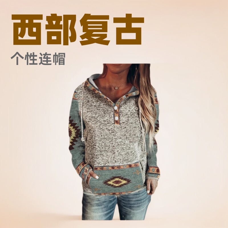 Amazon Independent Station Cross-border European and American Women's Wear Western Retro Style Personality Hooded Sweatshirt Women Cross-border European and American Autumn and Winter