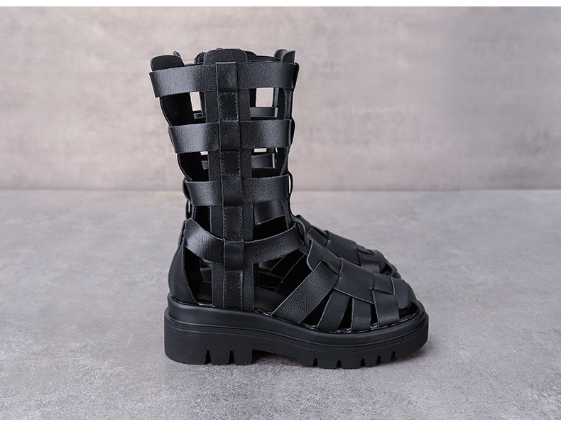 Boot nữ cổ cao da lỗ thoáng khí đế xốp dày — Màu đen chi tiết 11