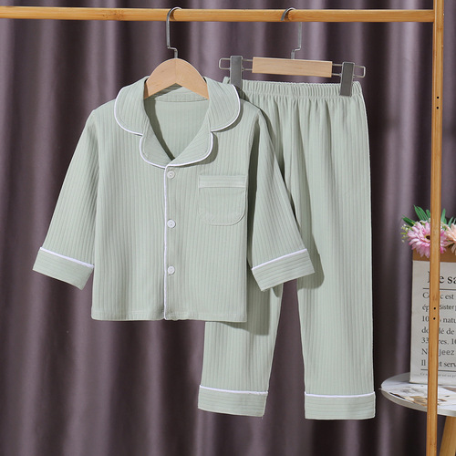  Autumn/Winter New Middle-Size Children's Solid Color Cotton Fleece Long-Sleeve Pajama Set with Casual Collar Knit Top
